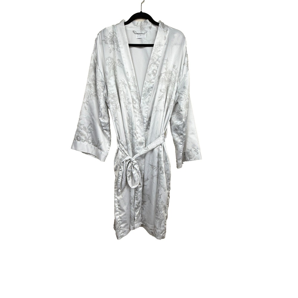 Pottery Barn Monique Lhuillier Satin Grey Floral Kimono Robe Belt M/L *read
